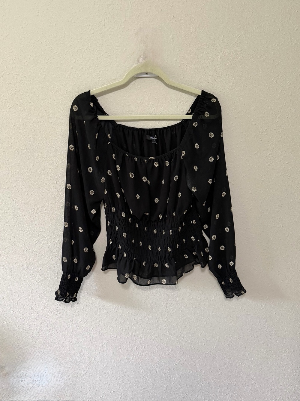 Madewell Black Floral Smocked-Waist Long-Sleeve Blouse